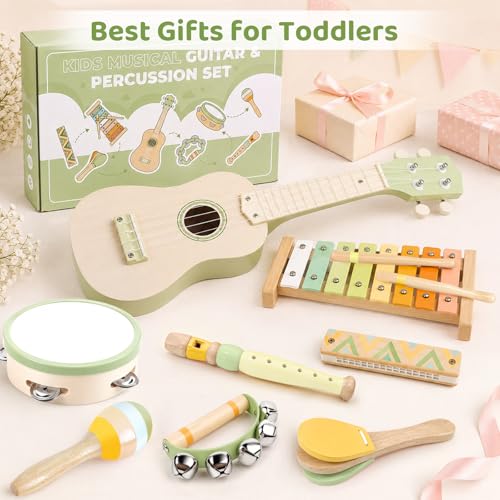 Kids Guitar Set - 8 in 1 Toddler Montessori Musical Instruments | Wooden Baby Ukulele Xylophone Tambourine Maracas Flute, Toy Guitar for Toddler, Mini Guitar Set Toddler Gifts for 2 year