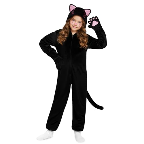 Halloween Cat Costume for Girls - Animal Costume Dress Up Gifts for Kids | Black Cat Halloween Costumes for Kids Age 3-10, Cheetah Costume Onesie, 3D Hood, Gifts for Birthday Party Cosplay, Role Play
