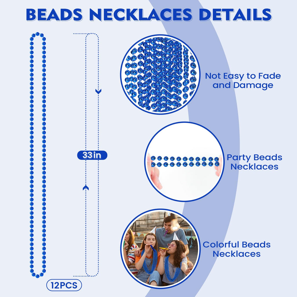 12 PCS Blue Bead Necklace, Blue Mardi Gras Beads Christmas Necklaces, 33" 4th of July Patriotic Beads Necklaces, Parade Throw Accessories for Independence Day Mardi Gras Hanukkah Pirate Party