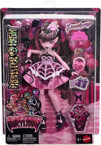Monster High Scary Sweet Birthday Draculaura Doll | Vampire in Pink Party Dress with Party-Themed Accessories like Invite, Balloon, Gift, Fan and More