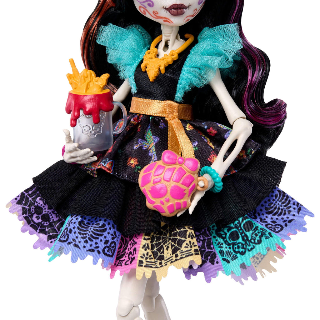 Monster High Skelita Calaveras Doll | Skeleton in Colorful Papel Picado Dress with Pet Dog Candelita & 7 Accessories like Sketch Book, Snack & Messenger Bag