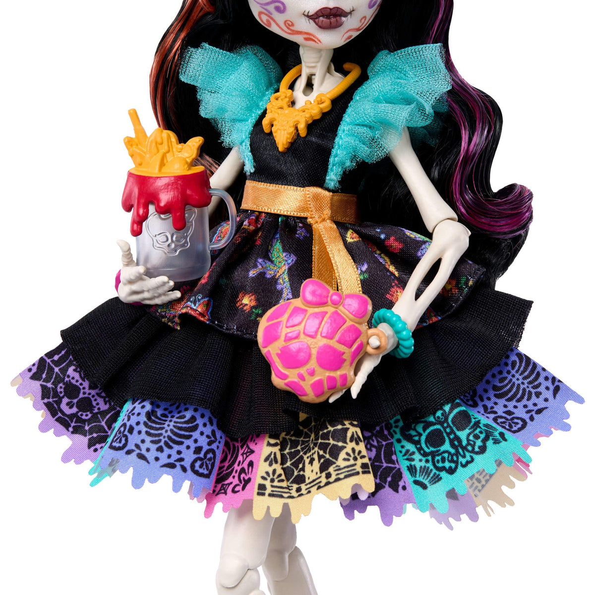 Monster High Skelita Calaveras Doll | Skeleton in Colorful Papel Picado Dress with Pet Dog Candelita & 7 Accessories like Sketch Book, Snack & Messenger Bag