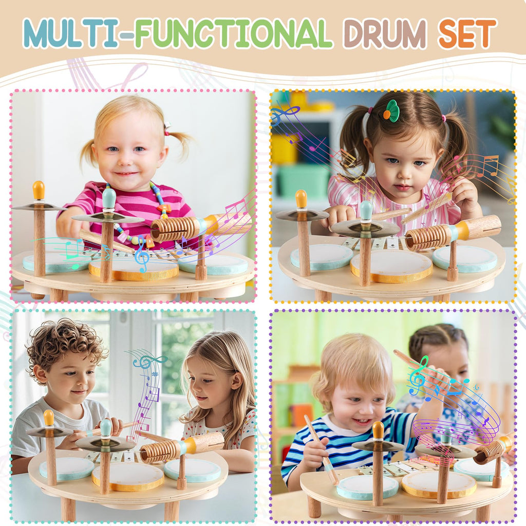 Kids Drum Set, Montessori Toys Wooden Musical Instruments for Baby Toddlers | Drum Kit with Cymbals & Xylophone, Sensory Toys for Music Learning, Fine Motor Skills, Preschool Birthday Gift for Boys Girls