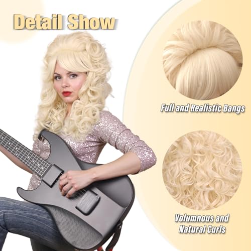 FantaLook Blonde Long Curly Wig with Bangs, Vintage Costume Wig for Women | Retro 60s 70s 80s styling wig, ideal for queen cosplay, Halloween party, disco & themed fancy dress events.
