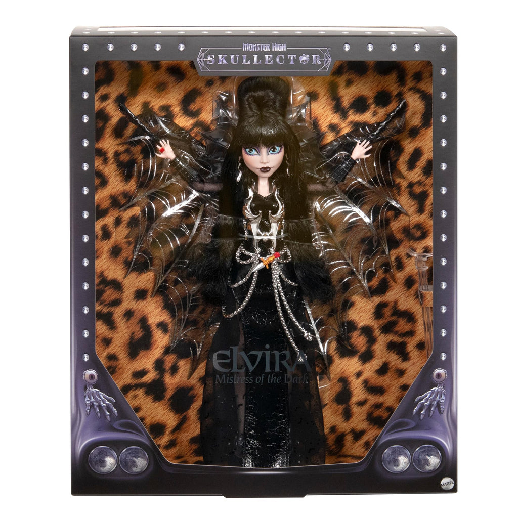 Monster High Skullector Elvira, Mistress of the Dark Doll | Elvira Collectible in Black Faux Leather Dress with Silvery Batwing Cape and Premium Accessories, Doll Stand