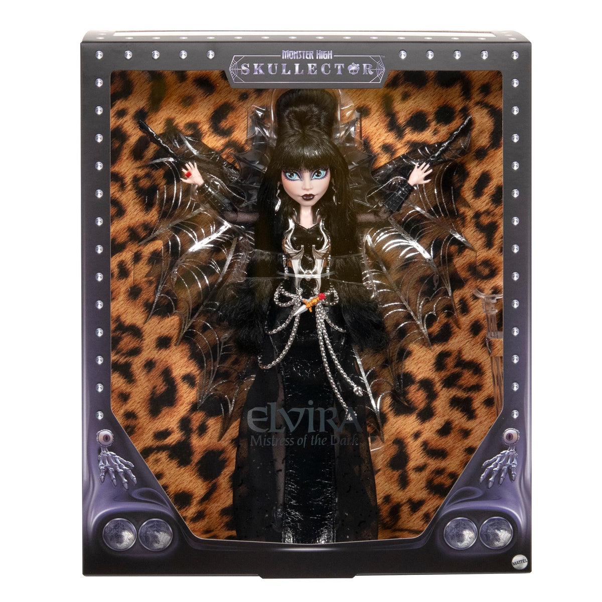 Monster High Skullector Elvira, Mistress of the Dark Doll | Elvira Collectible in Black Faux Leather Dress with Silvery Batwing Cape and Premium Accessories, Doll Stand