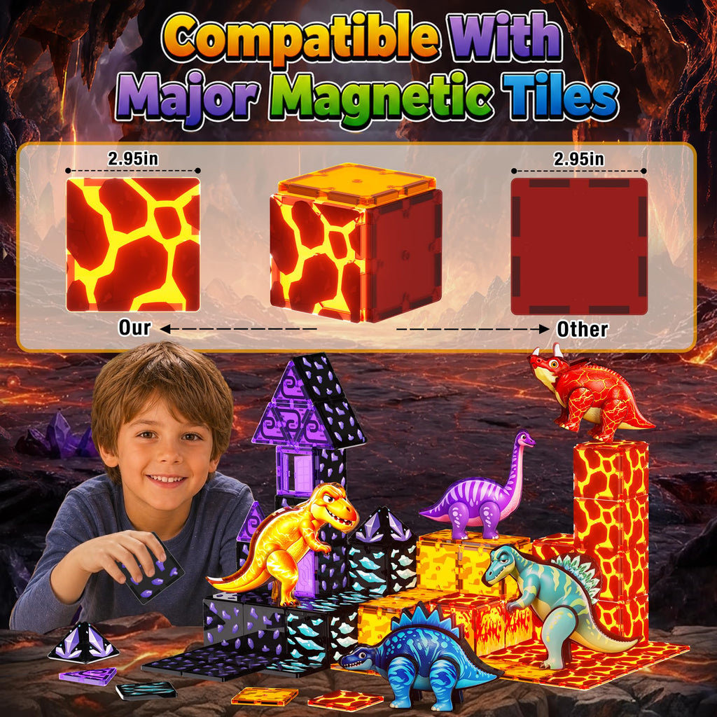 Dinosaur Toys Magnetic Tiles, 5 Movable Lava Dinosaur Toys for Kids 3-5 5-7 | 3 4 5 Year Old Boy Birthday Gift for Dinosaurs Lovers, STEM Educational Magnetic Blocks for Girls Boys Toy Age 4-6 6-8