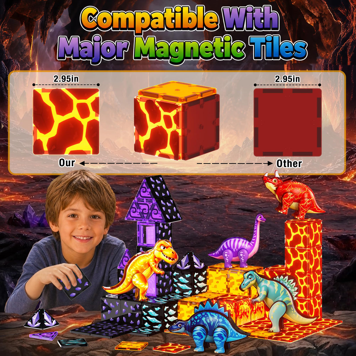 Dinosaur Toys Magnetic Tiles, 5 Movable Lava Dinosaur Toys for Kids 3-5 5-7 | 3 4 5 Year Old Boy Birthday Gift for Dinosaurs Lovers, STEM Educational Magnetic Blocks for Girls Boys Toy Age 4-6 6-8