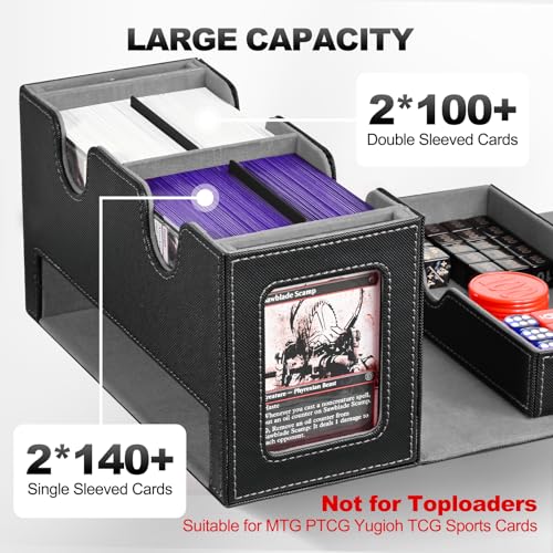 UAONO 3-in-1 MTG Commander Deck Box, Black Gray | 2 Magnetic Card Holders & 1 Dice Tray, Fits 200 Double Sleeved, Card Organizer Compatible with Magic the Gathering