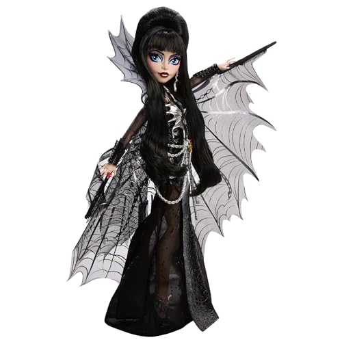 Monster High Skullector Elvira, Mistress of the Dark Doll | Elvira Collectible in Black Faux Leather Dress with Silvery Batwing Cape and Premium Accessories, Doll Stand