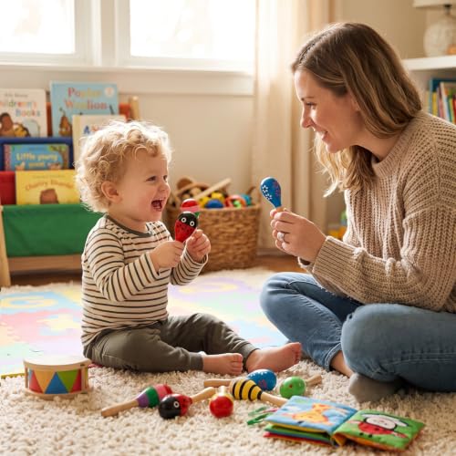 POPLAY 10PCS Mini Wooden Maracas, Maracas for Toddler Musical Instruments Wooden Shakers Baby Musical Toys Infant Learning Toys
