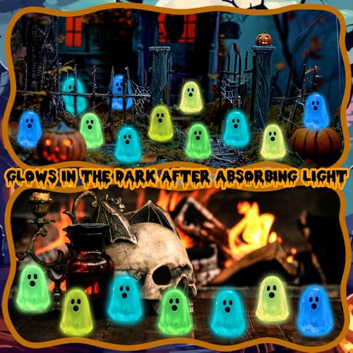 DULEFUN 100pcs Halloween Mini Ghosts Figures, Luminous Small Little Resin Ghost Figurines to Hide Glow in The Dark Tiny Statue for Halloween Party Favors Dollhouse Decorations Toys