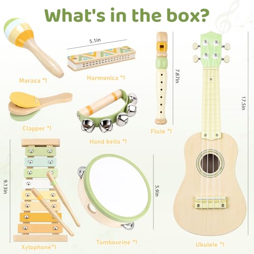 Kids Guitar Set - 8 in 1 Toddler Montessori Musical Instruments | Wooden Baby Ukulele Xylophone Tambourine Maracas Flute, Toy Guitar for Toddler, Mini Guitar Set Toddler Gifts for 2 year
