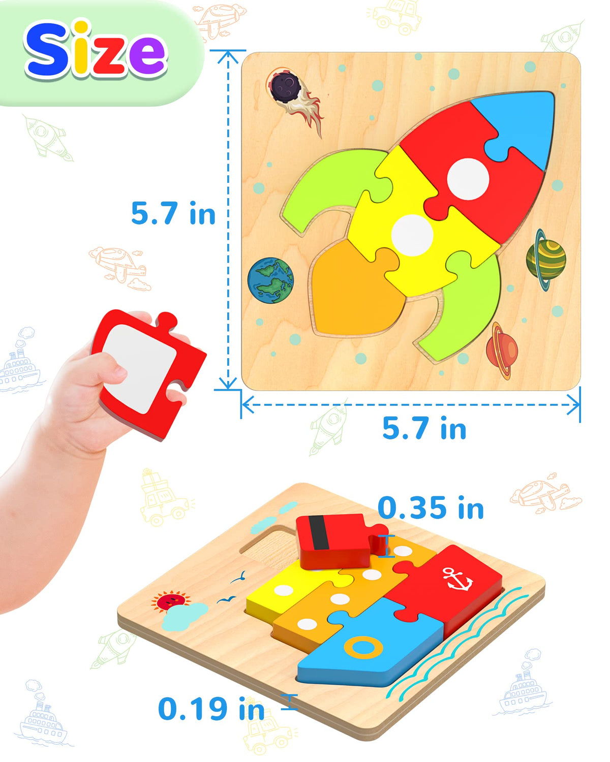 Wooden Puzzles Gifts Montessori Toys for 1 2 3 Years Old Boys Girls | 6 Vehicle Shape Puzzles, Boy Birthday Gift, Montessori Toys Educational Blocks for 1-3, 2-4, Learning Toys