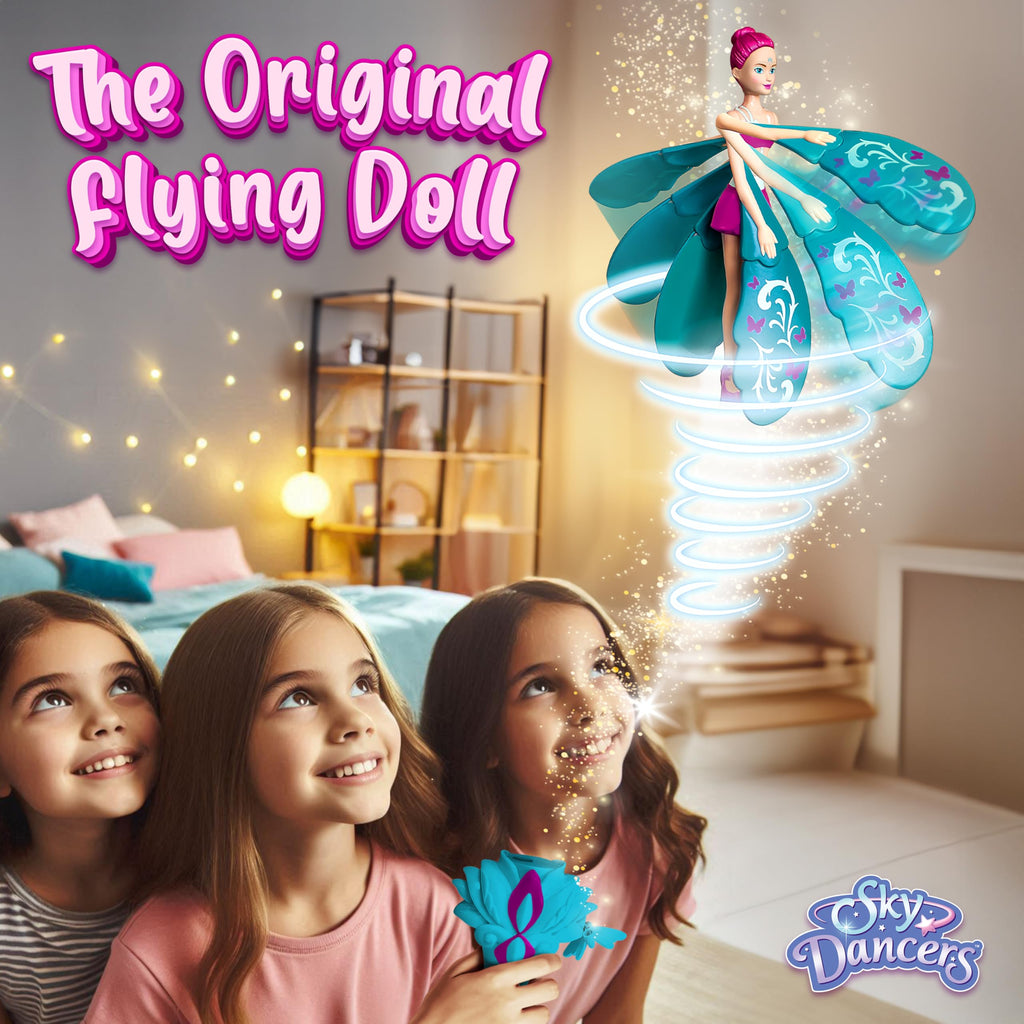 Sky Dancers Flying Doll, Pull-String Toy, No Batteries, Turquoise Twinkle | Really flies; Pull-string powered; No batteries; Indoor/outdoor play; Screen-free fun; Ages 6+, retro