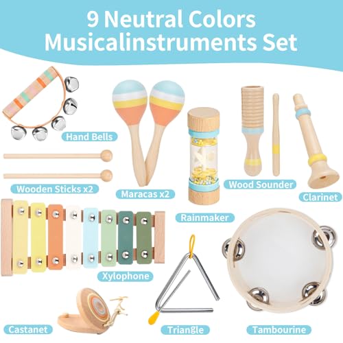 Kids Musical Instruments Set Wooden Montessori Toys for Boys and Girls | musical toy for kids 18 month+, xylophone tambourine set for kids preschool educational, Christmas birthday gift