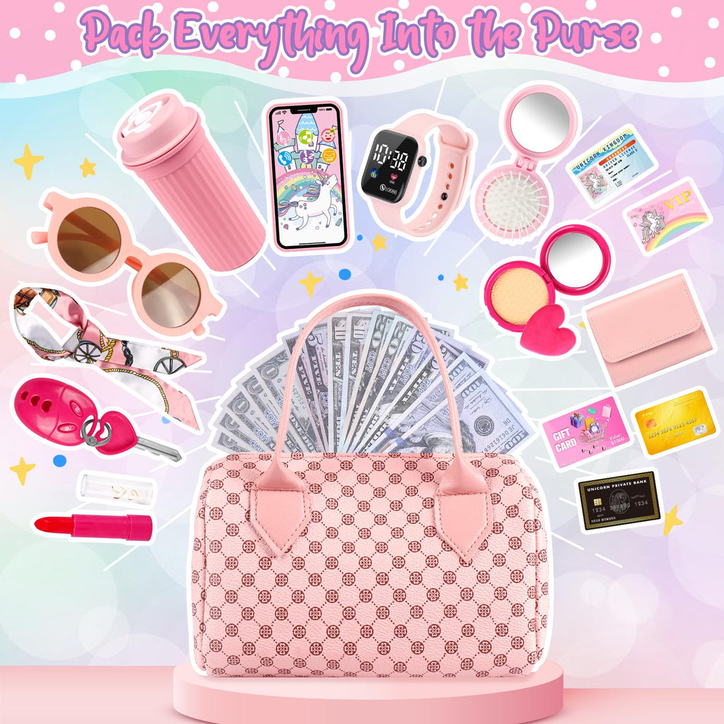 Oisacirg Play Purse with Watch, Phone, Pretend Play Toys for Girls Ages 3-8 | 32Pcs Role Play Set with Handbag, Water Bottle, Scarf, Pretend Makeup, Birthday Gifts, Mom-Daughter Bonding, Multi-Scene Play
