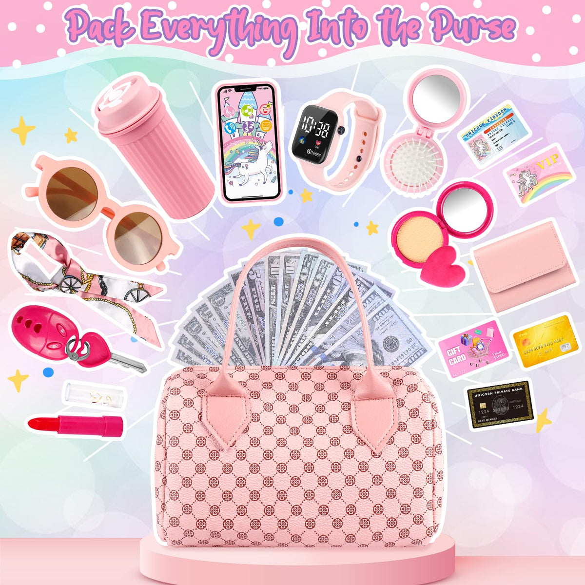 Oisacirg Play Purse with Watch, Phone, Pretend Play Toys for Girls Ages 3-8 | 32Pcs Role Play Set with Handbag, Water Bottle, Scarf, Pretend Makeup, Birthday Gifts, Mom-Daughter Bonding, Multi-Scene Play