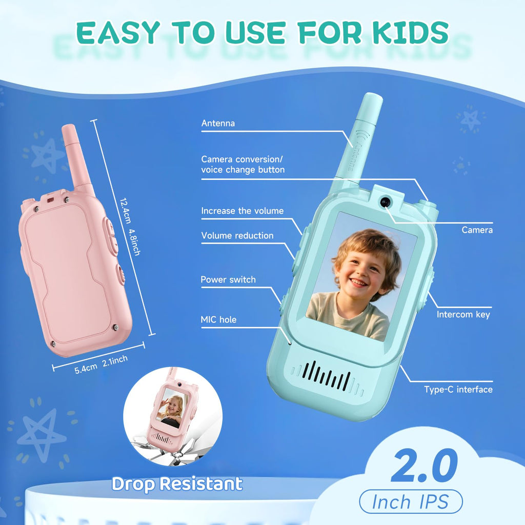 Kids Video Walkie Talkies, 2 Pack Long Range Toy Walkie-Talkie for Kids | Rechargeable, Outdoor Games Toys for Boys Girls Age 3-12, Indoor, Camping, Hiking, Travel, Christmas Birthday Gift(Blue/Pink)