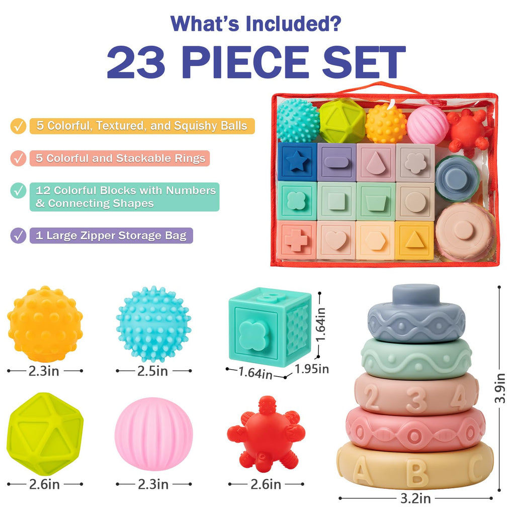 Jyusmile Baby Toys 6-12 Months, Montessori Toy for Babies 6-12 Months, Incl Stacking Building Blocks & Soft Infant Teething Toys & Sensory Balls for Toddlers 0-3-6-9-12 Month