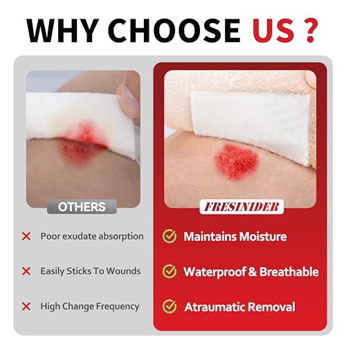 FRESINIDER Silicone Foam Dressing with Adhesive Border – Wound Dressing Bandage – Silicone Foam Pad – Pack of 10 – 4 x 4 Inches Large Waterproof Bandages – Self Adhesive Wound Care and Dressings