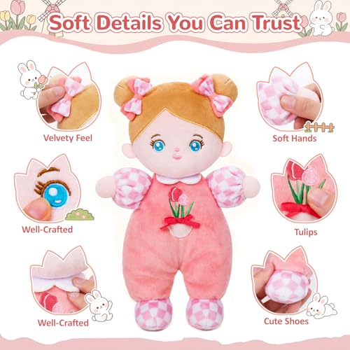 OUOZZZ Soft Baby Doll 10" Tulip Pink Snuggle Buddy Doll | First Birthday Toys for 1 Year Old Girl, Ideal 1 Year Old Girl Gifts & Baby Girl Gifts, Cuddly Toy for Infants & Toddlers