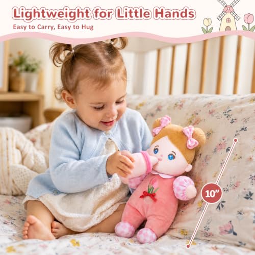 OUOZZZ Soft Baby Doll 10" Tulip Pink Snuggle Buddy Doll | First Birthday Toys for 1 Year Old Girl, Ideal 1 Year Old Girl Gifts & Baby Girl Gifts, Cuddly Toy for Infants & Toddlers