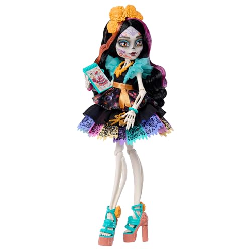 Monster High Skelita Calaveras Doll | Skeleton in Colorful Papel Picado Dress with Pet Dog Candelita & 7 Accessories like Sketch Book, Snack & Messenger Bag