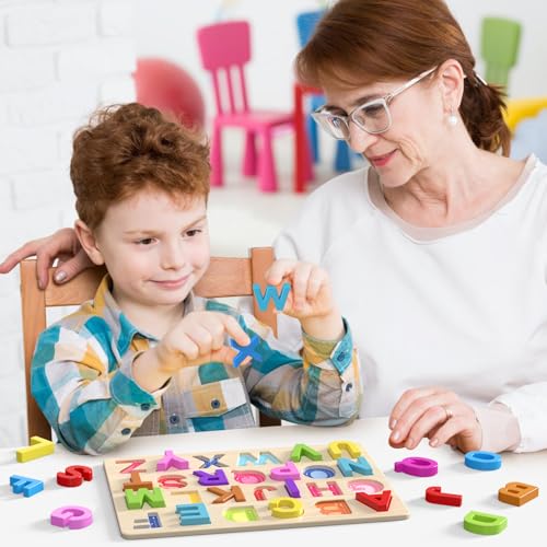 Zeoddler Alphabet Puzzles, Wooden Puzzles for Toddlers, ABC Shape Puzzles for Kids, Preschool Learning Activities, Gift for Girls Boys
