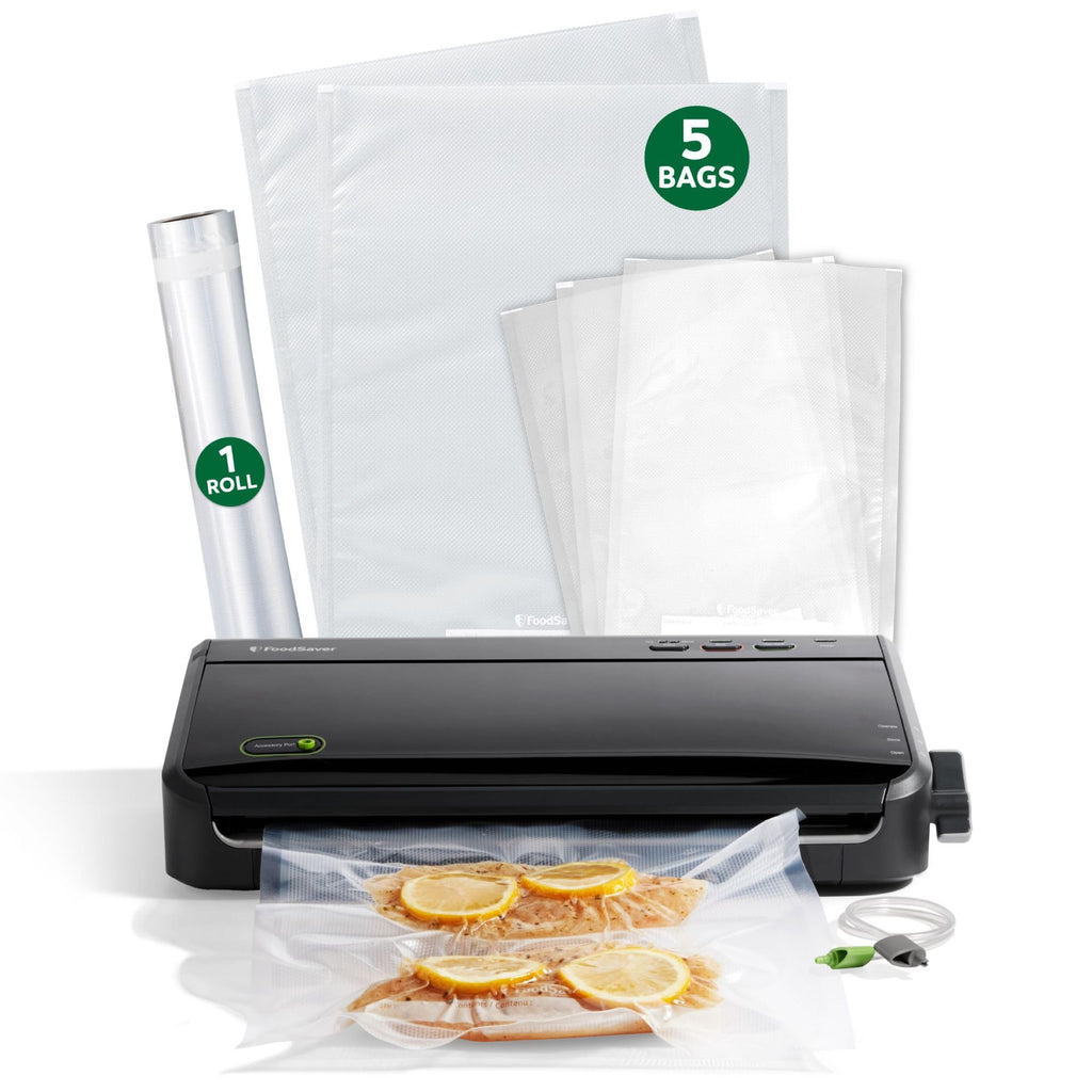 FoodSaver FM2100 Vacuum Sealer Machine, One-Touch Sealing, Roll Storage & Cutter, Dry & Moist Food, For Sous Vide Cooking, Accessory Port & Hose, Starter Bags & Roll Included
