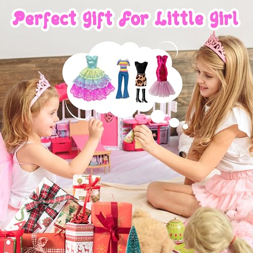 30 Pieces Doll Clothes and Accessories for 11.5 Inch Girl Dolls Including Random 5 Tops, 5 Pants, Random 3 Dresses, Random 3 Fashionable Dresses, Random 2 Swimwear, 6 Pairs of Shoes, 1 Bag, 5 Hangers