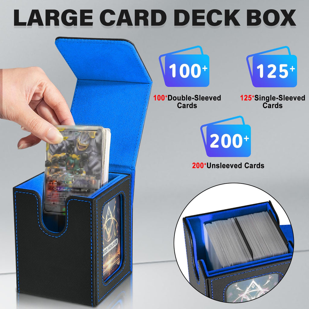 Card Deck Box for MTG Commander, Deck Case Holds 100 Double-Sleeved Cards | Magnetic Card Display Case, Magic Card Storage Box Fits for TCG/PTCG/CCG Card with 2 Dividers & 1 Top Loader,Black&Blue