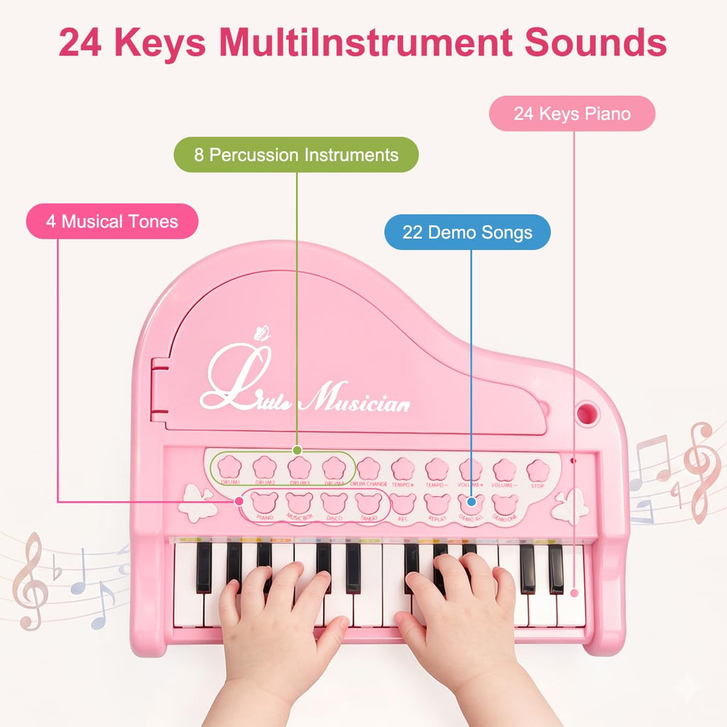Love&Mini Piano Toys for Girls, 24-Key with Mic, Record & Playback, Ages 3+ | Kids Piano with 22 songs, 8 Percussion Sounds, LED lights, 4 Instrument Modes and Connect to MP3, Phone & Tablet