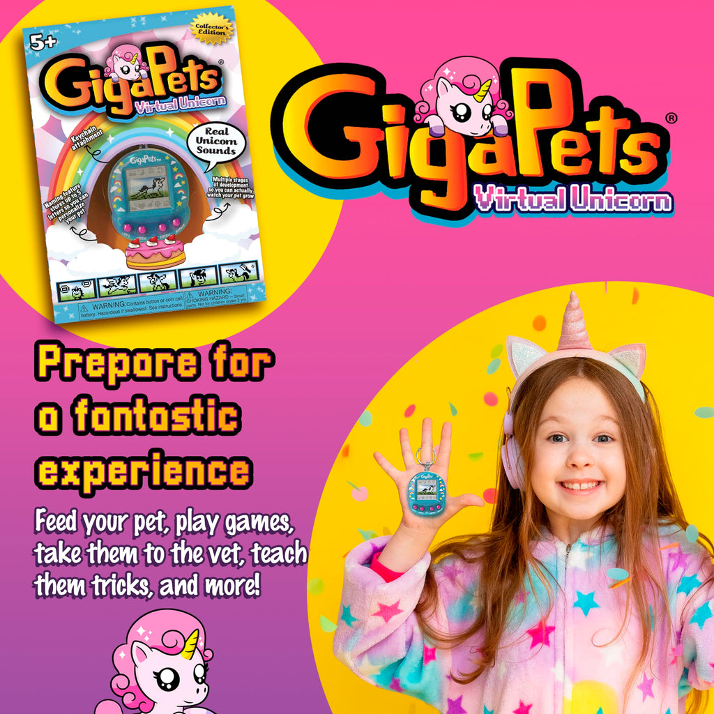 Giga Pets Interactive Digital Pet Toy, Boys & Girls, Unicorn, Ages 6+ | Virtual Pets for Boys and Girls Toy, 600+ Animations, App-Free Activities for Travel and Nostalgic 90s-Inspired Gifting