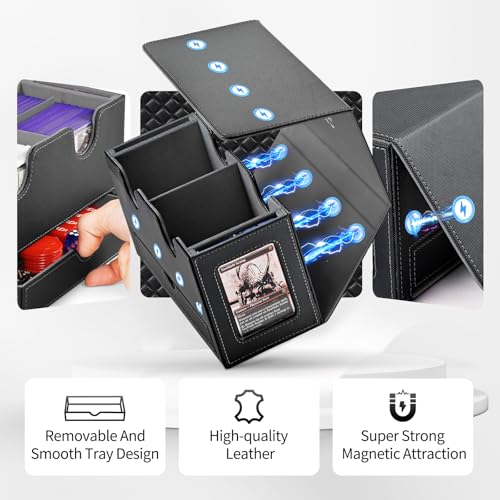 UAONO 3-in-1 MTG Commander Deck Box, Black Gray | 2 Magnetic Card Holders & 1 Dice Tray, Fits 200 Double Sleeved, Card Organizer Compatible with Magic the Gathering