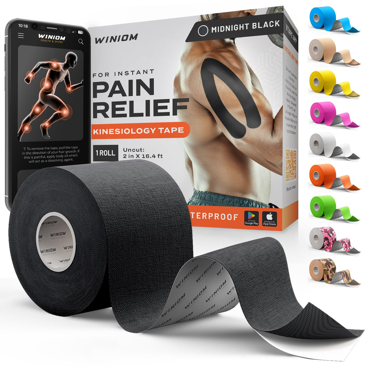 Winiom Kinesiology Tape - Waterproof Athletic Tape, Uncut Roll 2"x16.4ft | Midnight Black, 3-5 Day Adhesion, Hypoallergenic and Latex-Free for Knee, Shoulder, Arm and Back Support + Taping Guide