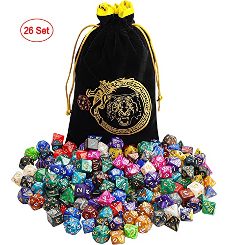 CiaraQ 182pcs Polyhedral Dice Set for Dungeon and Dragons MTG Table Games | 26 Role-Playing Dice Sets for D&D with Storage Bag. 7 dice each (D4-D20), Classic Numbers, Ages 14+