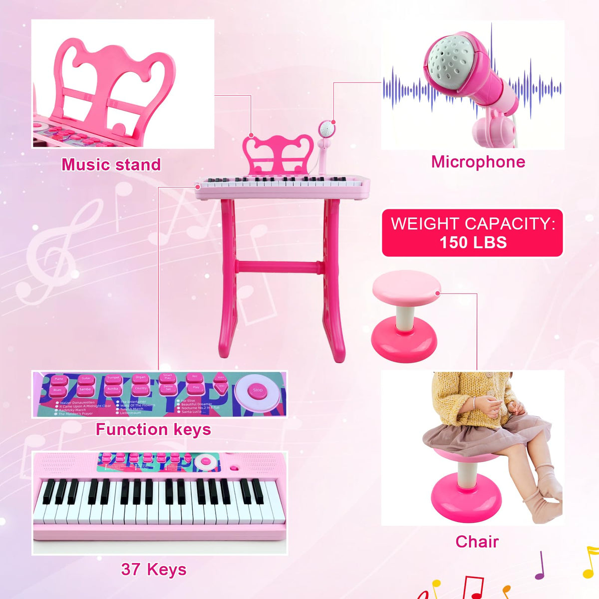 Love&Mini Kids Piano Keyboard Toys for Girls | 37-Key Kids Piano Keyboard with Stool, Stand & Microphone, Pink Piano Toys for Girls Ages 3+