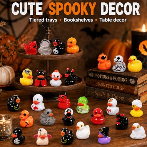 DULEFUN 61Pcs Halloween Mini Resin Duck Figures Halloween Party Favors Gift | Cute Small Little Duckies Statues Bulk Set for Office Desk Tiered Tray Decor Halloween Party Supplies Decoration