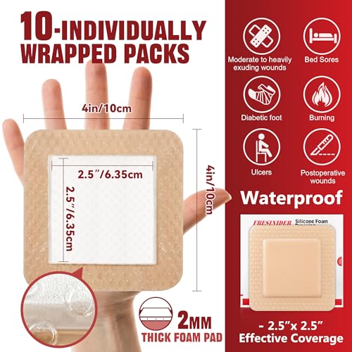 FRESINIDER Silicone Foam Dressing with Adhesive Border – Wound Dressing Bandage – Silicone Foam Pad – Pack of 10 – 4 x 4 Inches Large Waterproof Bandages – Self Adhesive Wound Care and Dressings