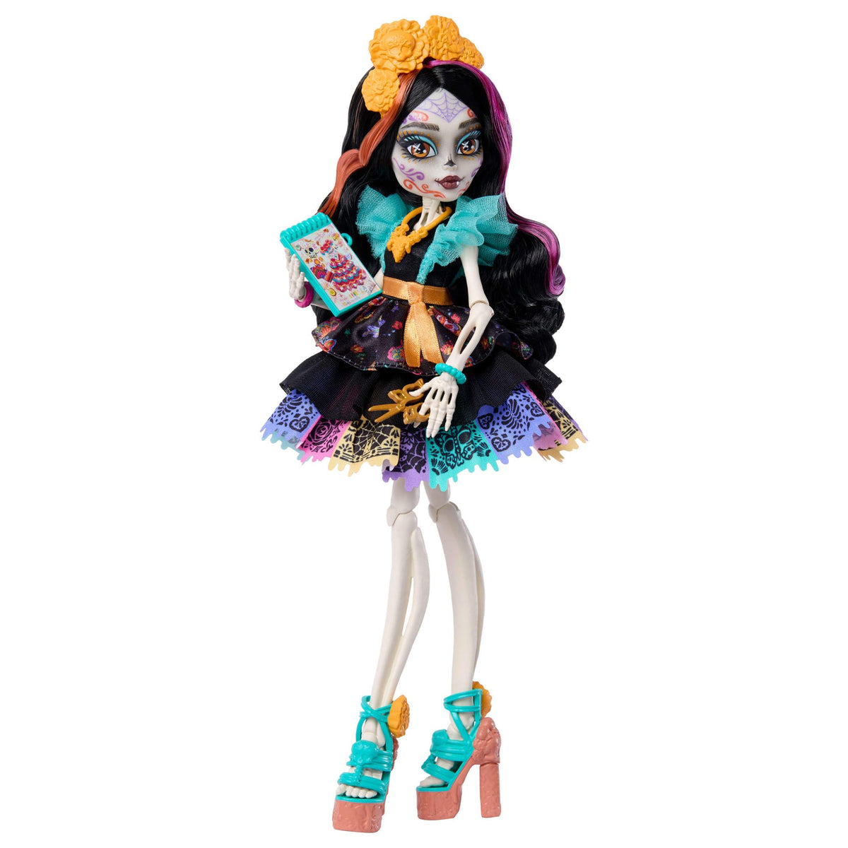 Monster High Skelita Calaveras Doll | Skeleton in Colorful Papel Picado Dress with Pet Dog Candelita & 7 Accessories like Sketch Book, Snack & Messenger Bag