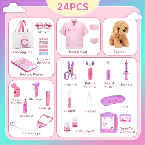 Meland Doctor Kit with Puppy for Girls, Pretend Play Toy Gift for Ages 3–6 | A gift for girls birthday Christmas, Encourages caring role play, builds confidence, stays neatly organized