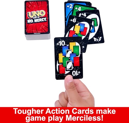 Mattel Games UNO Show ‘em No Mercy Card Game in Storage Tin,Ages 7+ | Extra Cards, Special Rules & Tougher Penalties for Kids, Teens & Family Game Night, 2-6 Players (Amazon Exclusive)