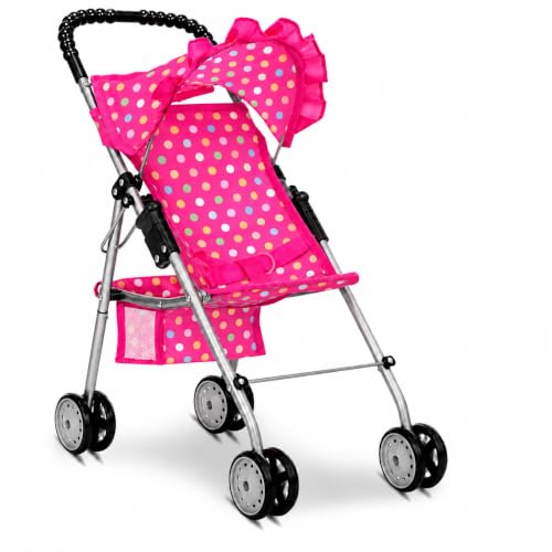 My First Baby Doll Stroller for Kids – Foldable Toy Stroller for 18 Inch Dolls with Storage Basket, Double Wheels & Canopy – Pretend Play Toy Stroller