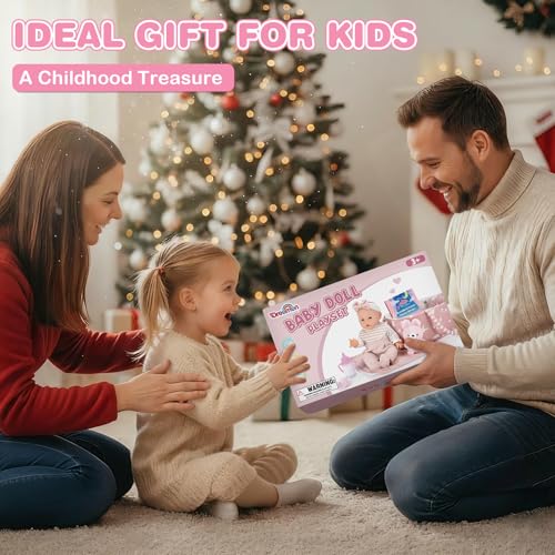 Dreamon Baby Doll Set 12" Baby Doll with Feeding & Caring Accessories, Pink | 11Pcs Doll Playsets with Carrier Bassinet Bed, Bedtime Pretend Play First Baby Doll Toy for 3 4 5 Year Old Girl Birthday Gift