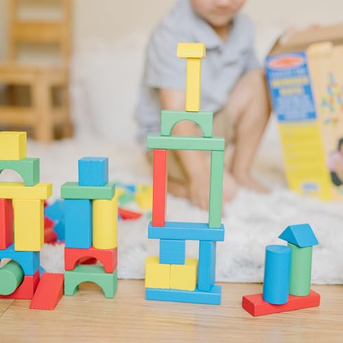 Melissa & Doug 100 Wooden Building Blocks with Storage Box | 100 Pieces, Wooden Blocks In 4 Colors & 9 Shapes, Montessori Toys, Construction Play, Toddler Learning Toys for Kids, Ages 2+