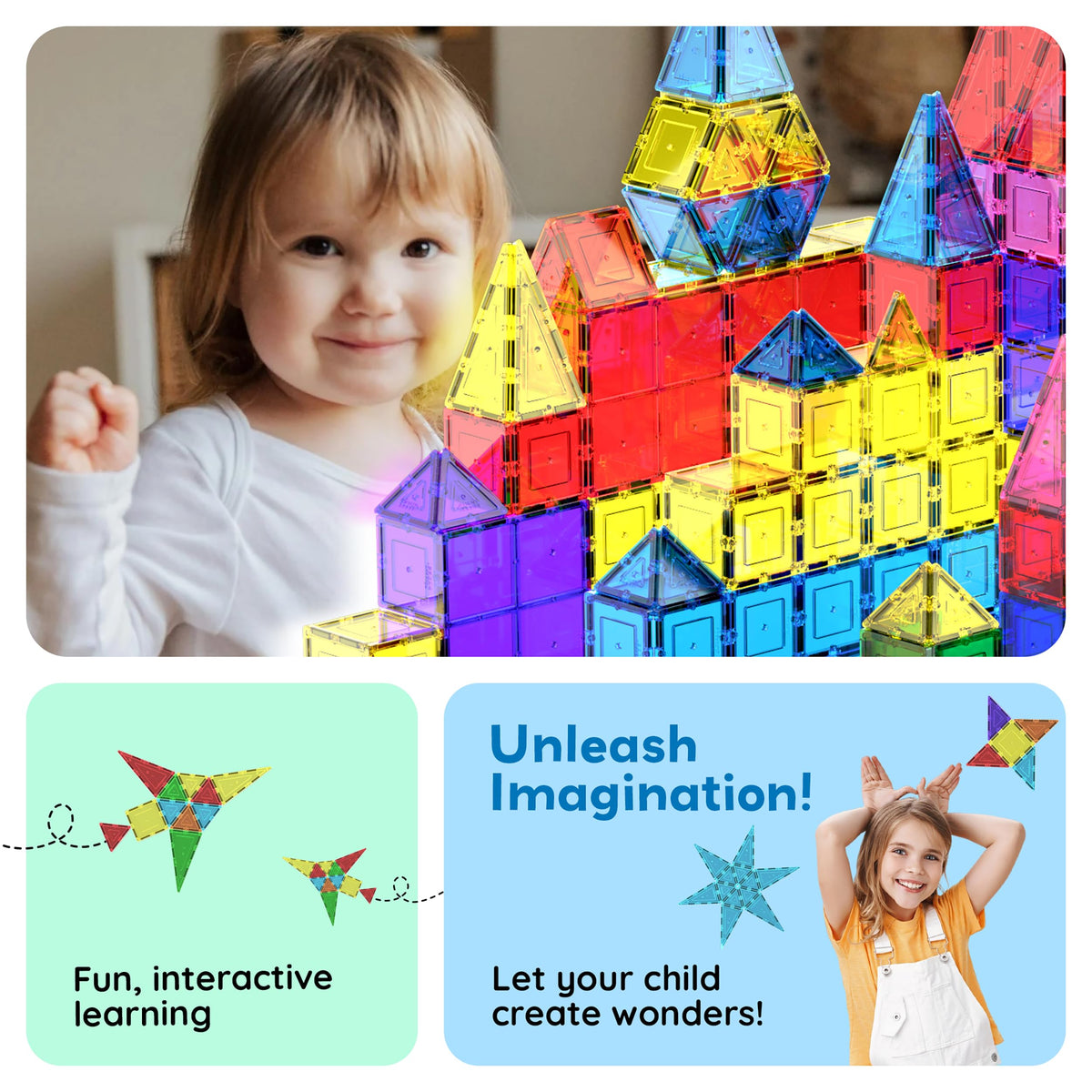 PicassoTiles 100 Piece Magnetic Tiles, Clear 3D Building Blocks for Kids 3+ | No-limit scalable builds, hands-on magnet polarity fun, family group play, quick assemble & store, shape & color recognition