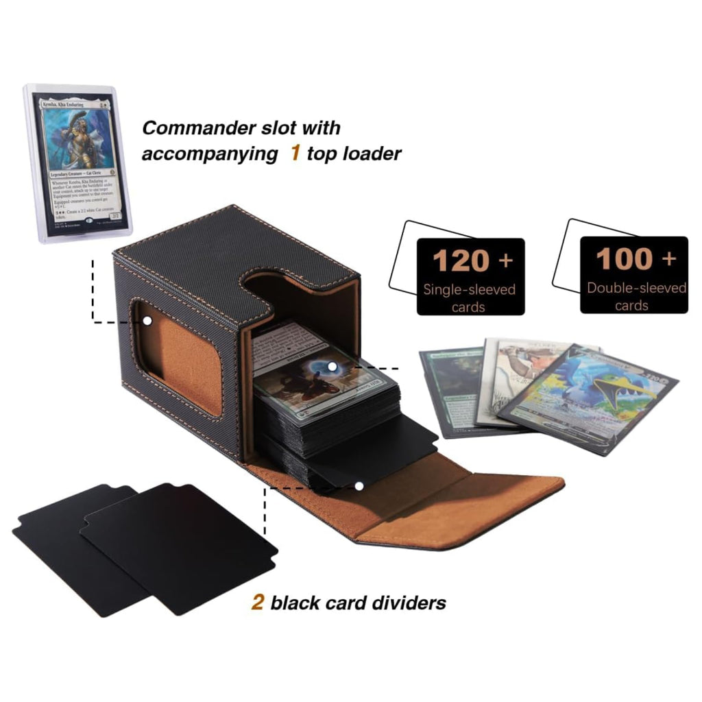 Venssu MTG Deck Box with Commander Display, Fits TCG Cards (Black＆Brown) | Holds 120 Single/100 Double-Sleeved Cards, Fit MTG/PTCG/OPTCG Cards, Strong Magnet, PU Leather, With 2 Dividers & 1 Toploader