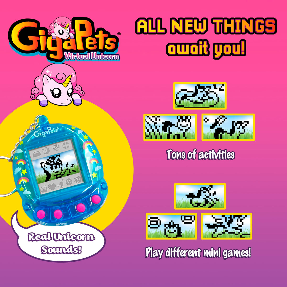 Giga Pets Interactive Digital Pet Toy, Boys & Girls, Unicorn, Ages 6+ | Virtual Pets for Boys and Girls Toy, 600+ Animations, App-Free Activities for Travel and Nostalgic 90s-Inspired Gifting