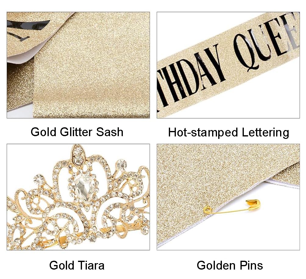 COCIDE Birthday Decorations for Women Sash and Tiara Crown for Party Gold | Happy Birthday Crowns for Adult Women, Party Decor Kit, Rhinestone Headband, Glitter Crystal Hair Accessories, Cake Topper